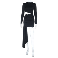 Long sleeve crewneck hollow out ruched cut out mini dress