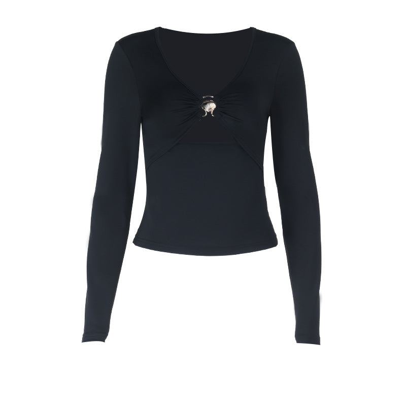 Hollow out v neck long sleeve ruched cut out top