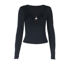 Hollow out v neck long sleeve ruched cut out top