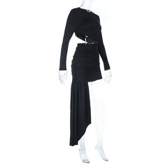 Long sleeve crewneck hollow out ruched cut out mini dress