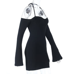 Halter self tie long sleeve off shoulder mini dress