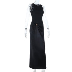 Round neck satin ruched solid maxi dress