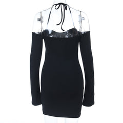 Halter self tie long sleeve off shoulder mini dress