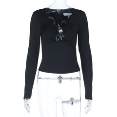 Hollow out v neck long sleeve ruched cut out top