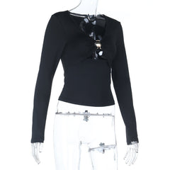 Hollow out v neck long sleeve ruched cut out top