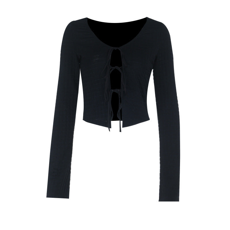 Long sleeve v neck self tie hollow out textured cut out top