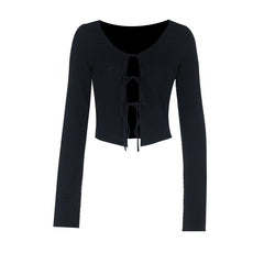 Long sleeve v neck self tie hollow out textured cut out top