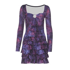 Hollow out o ring long sleeve print ruched cut out mini dress