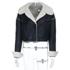 Long sleeve turnover collar PU leather button top