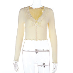 Long sleeve ruffle v neck button solid top