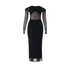 Off shoulder long sleeve hollow out ruched cut out maxi dress