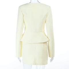 Long sleeve v neck button solid mini skirt set