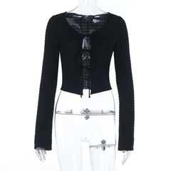 Long sleeve v neck self tie hollow out textured cut out top