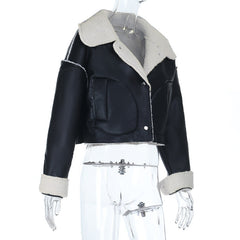 Long sleeve turnover collar PU leather button top