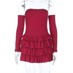 Ruffle gloves ruched backless tube mini dress