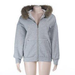 Long sleeve zip-up hoodie fluffy pocket top