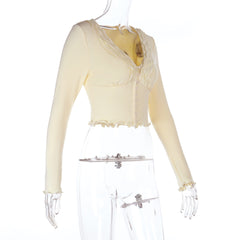 Long sleeve ruffle v neck button solid top