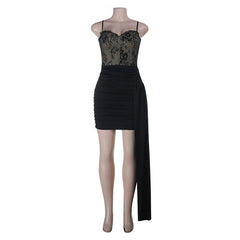 Ruched irregular lace zip-up cami mini dress