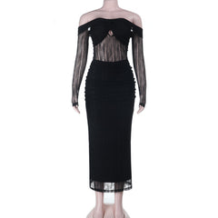 Off shoulder long sleeve hollow out ruched cut out maxi dress