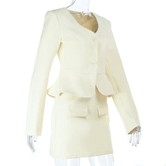 Long sleeve v neck button solid mini skirt set