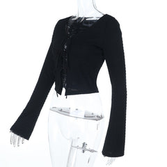 Long sleeve v neck self tie hollow out textured cut out top