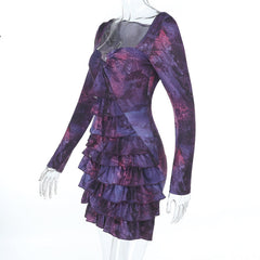 Hollow out o ring long sleeve print ruched cut out mini dress