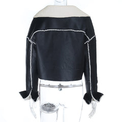 Long sleeve turnover collar PU leather button top