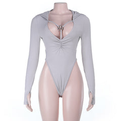 Hoodie long sleeve gloves ruched button bodysuit
