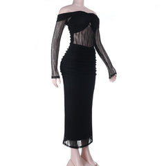Off shoulder long sleeve hollow out ruched cut out maxi dress