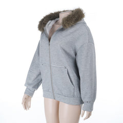 Long sleeve zip-up hoodie fluffy pocket top