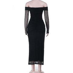 Off shoulder long sleeve hollow out ruched cut out maxi dress