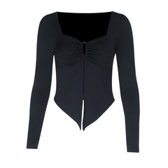Long sleeve v neck ruched hollow out cut out top
