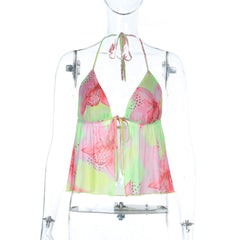 Self tie halter flower print backless top