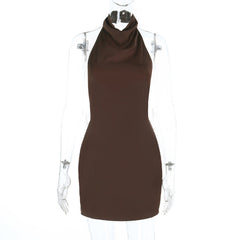 Halter button backless solid mini dress
