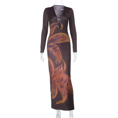 Hollow out beaded long sleeve print cut out maxi dress