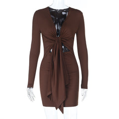 Long sleeve v neck hollow out ruched cut out mini dress
