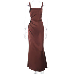 Square neck satin ruched zip-up cami maxi dress