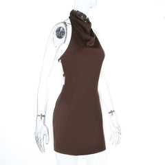 Halter button backless solid mini dress