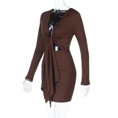 Long sleeve v neck hollow out ruched cut out mini dress