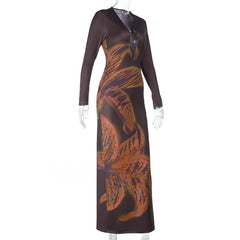 Hollow out beaded long sleeve print cut out maxi dress