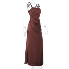 Square neck satin ruched zip-up cami maxi dress