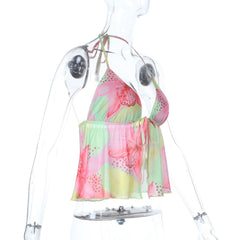 Self tie halter flower print backless top
