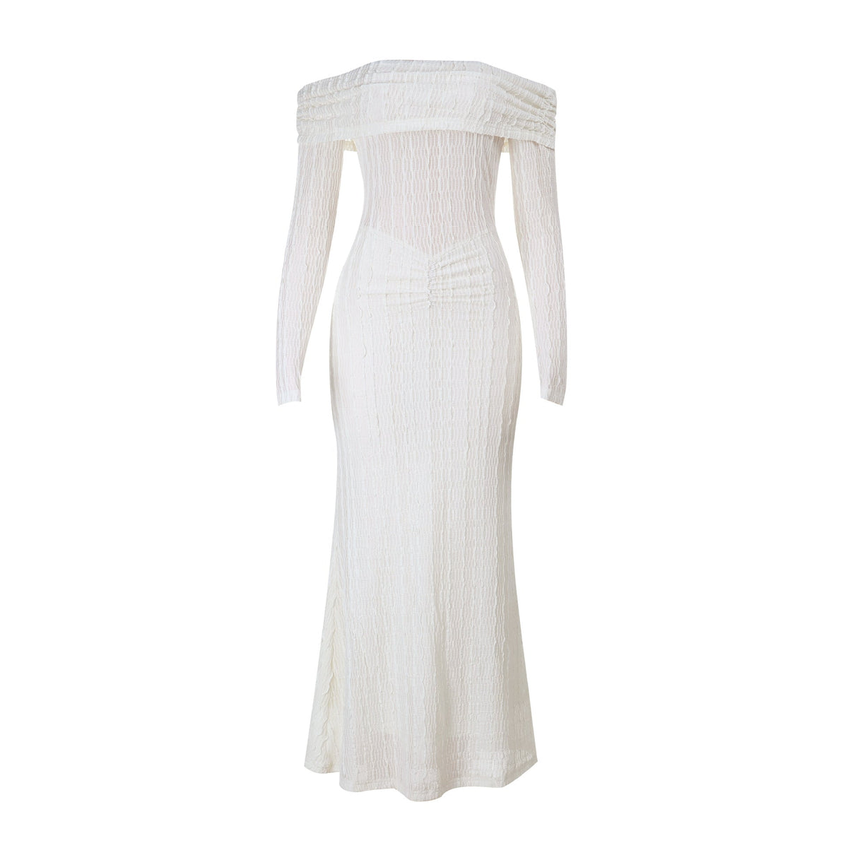 Off shoulder long sleeve textured ruched maxi dress