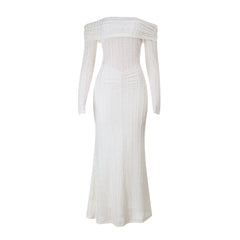 Off shoulder long sleeve textured ruched maxi dress