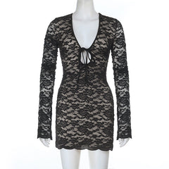 Long sleeve lace self tie hollow out cut out mini dress