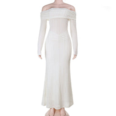Off shoulder long sleeve textured ruched maxi dress