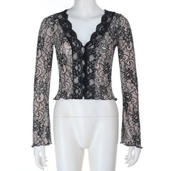 Lace hem long sleeve v neck button top
