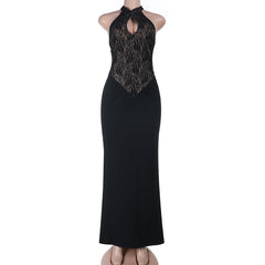 Halter hollow out ruched lace cut out maxi dress