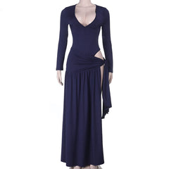 Long sleeve v neck ruched irregular maxi skirt set