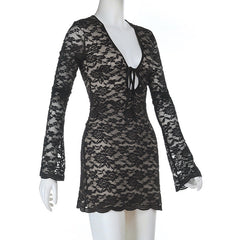 Long sleeve lace self tie hollow out cut out mini dress